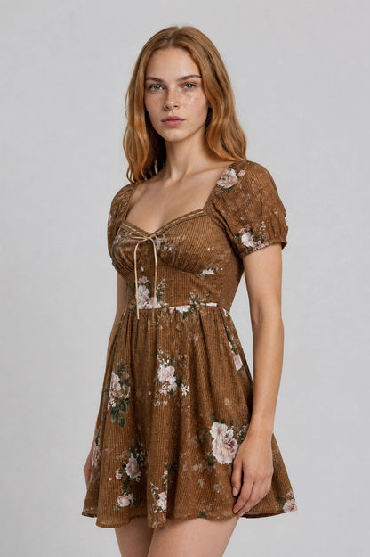 Josette Sweetheard Floral Brown Mini Dress