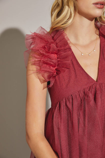 Dara Feather Babydoll Burdundy Romper Dress