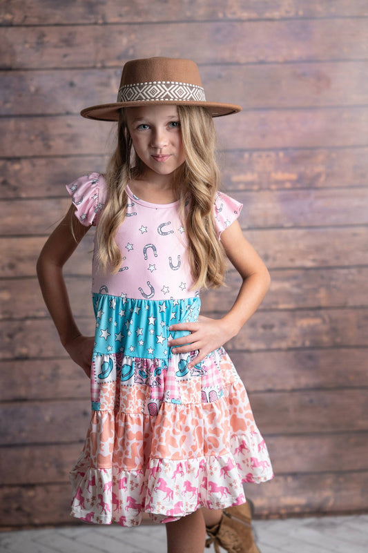 Girls Valine Cowgirl Pink Patchwork Tiered Dress