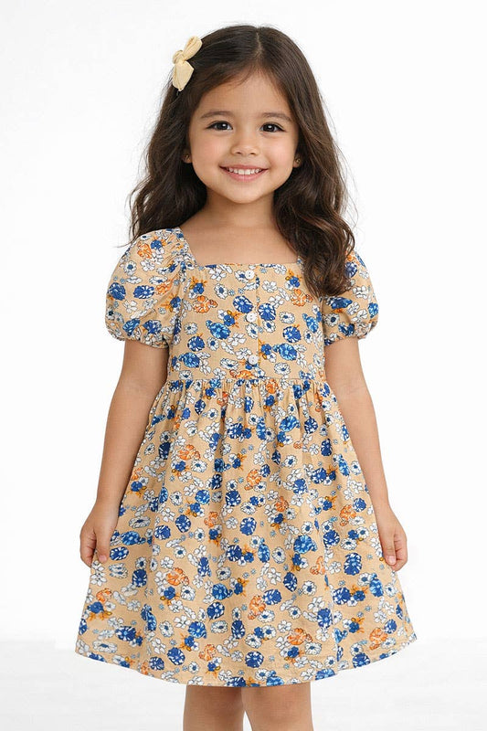 Toddler Girls Beige & Blue Floral Dress