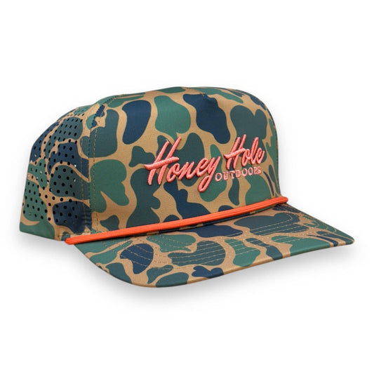 Mens Honey Hole Duck Camo Blaze Performance Rope Hat