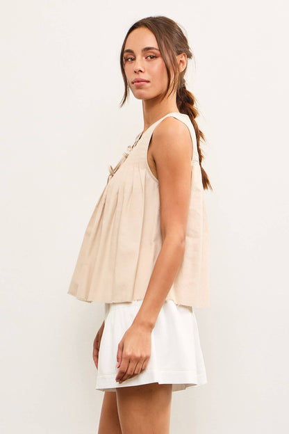 Izzy Pleated Sleeveless Khaki Blouse