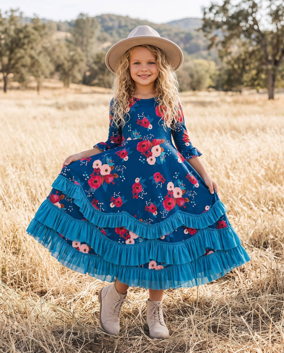 Girls Sapphire Blue Floral Maxi Dress