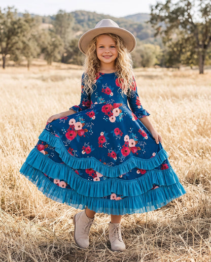 Girls Sapphire Blue Floral Maxi Dress