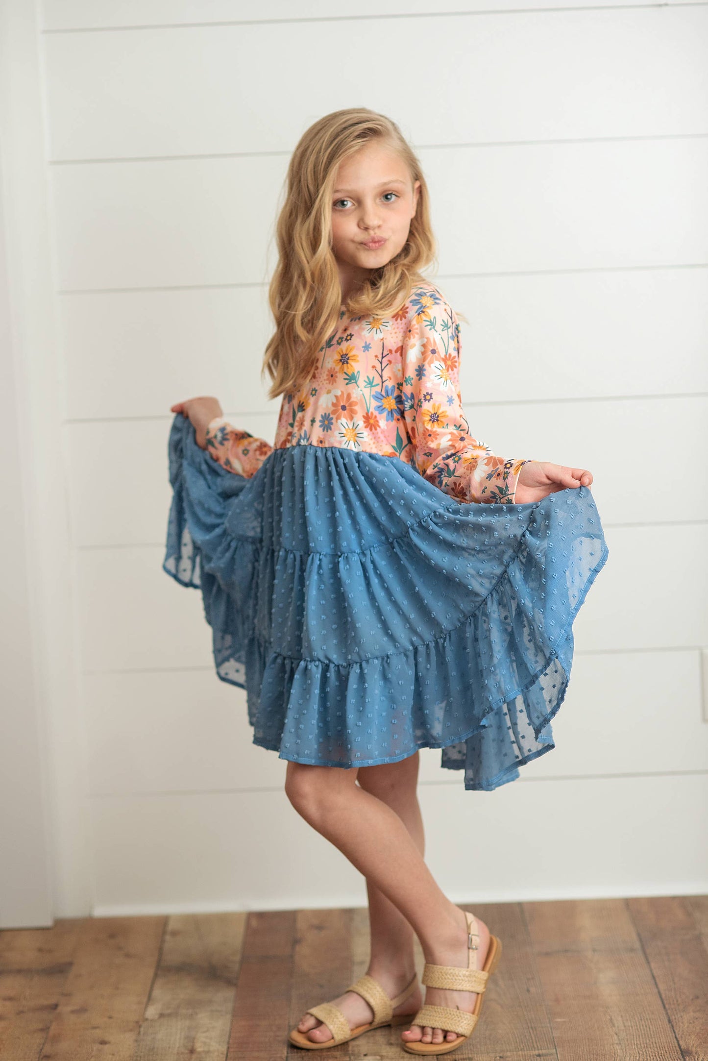 Girls Swiss Dot Tiered Blue Dress