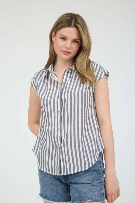 Korra Black & White Striped Cap Sleeve Buttondown