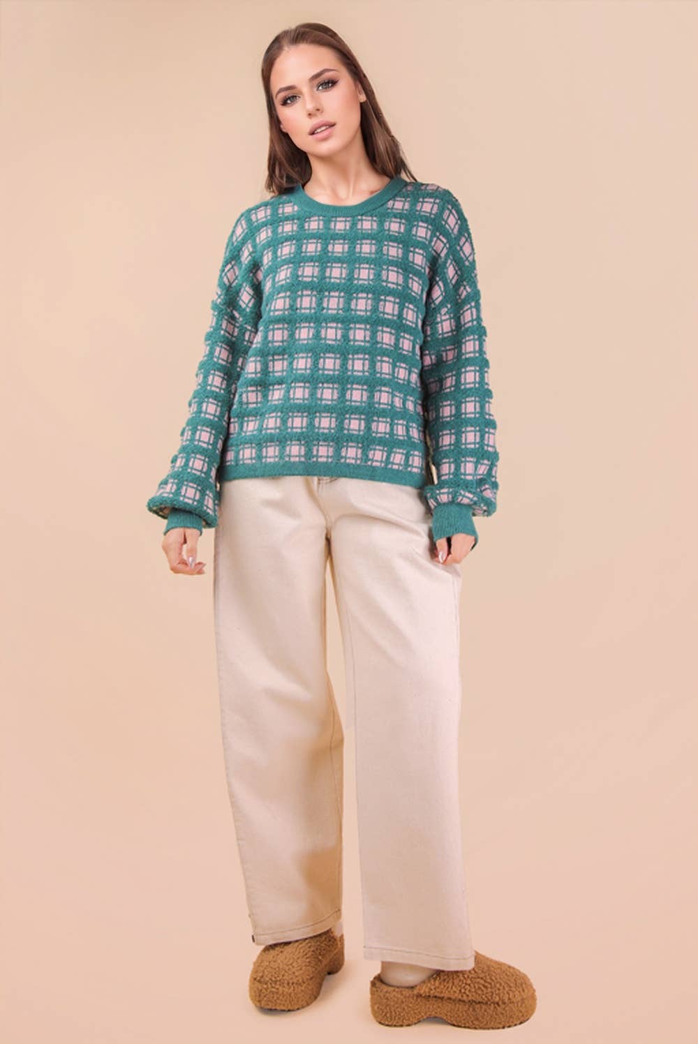 Fawn Plaid Teal Sweater