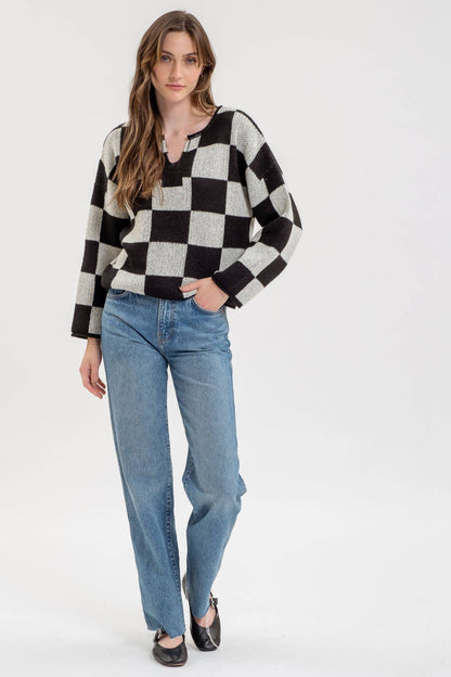 Carlin Checkered Split Neck Sweater