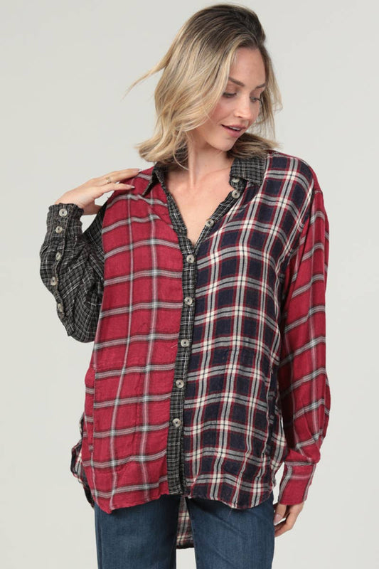 Mixed Plaid Red Buttondown