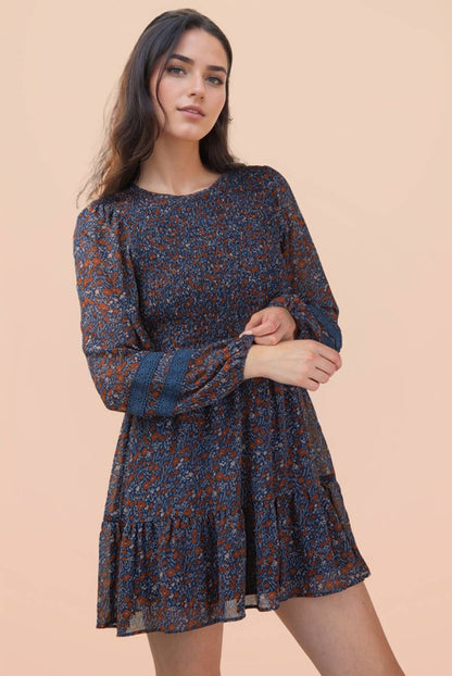 Kitty Floral Smocked Long Sleeve Navy Dress