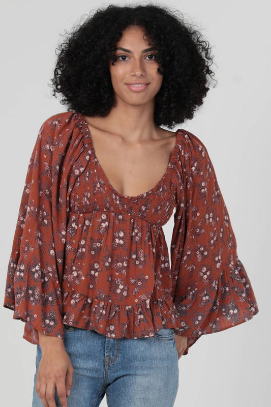 Clarisse Floral Rust Boho Blouse