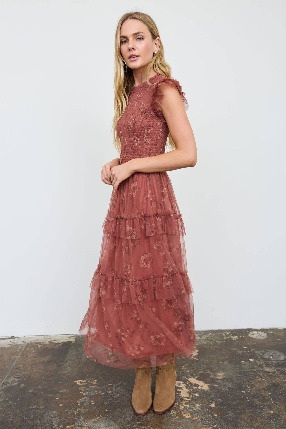 Grace Floral Sheer Overlay Terracotta Midi Dress