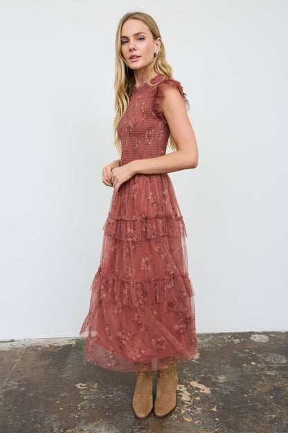 Grace Floral Sheer Overlay Terracotta Midi Dress