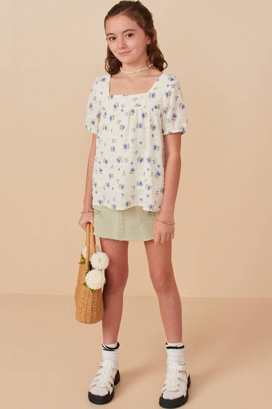 Girls Square Neck Periwinkle Floral Blouse