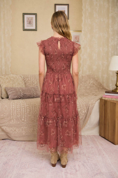 Grace Floral Sheer Overlay Terracotta Midi Dress