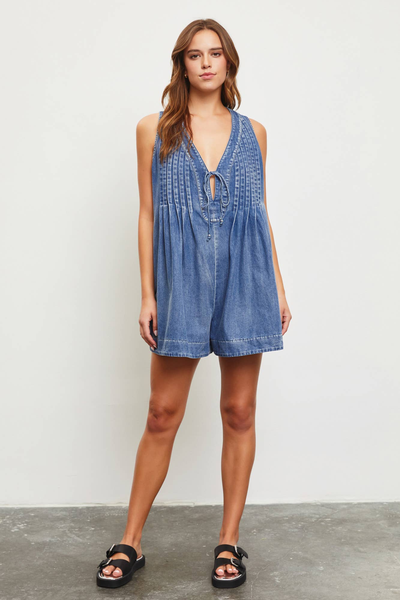 Oaklynn Pleated Denim Romper