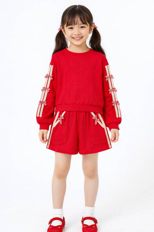 Girls Bow Striped Short Red Set