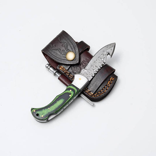 Titan Micarta Gut Hook Hunting Knife with Leather Sheath & Fire Starter