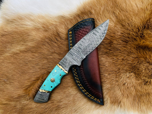 Titan Damascus Azure Fusion Utility Knife with Leather Bolster