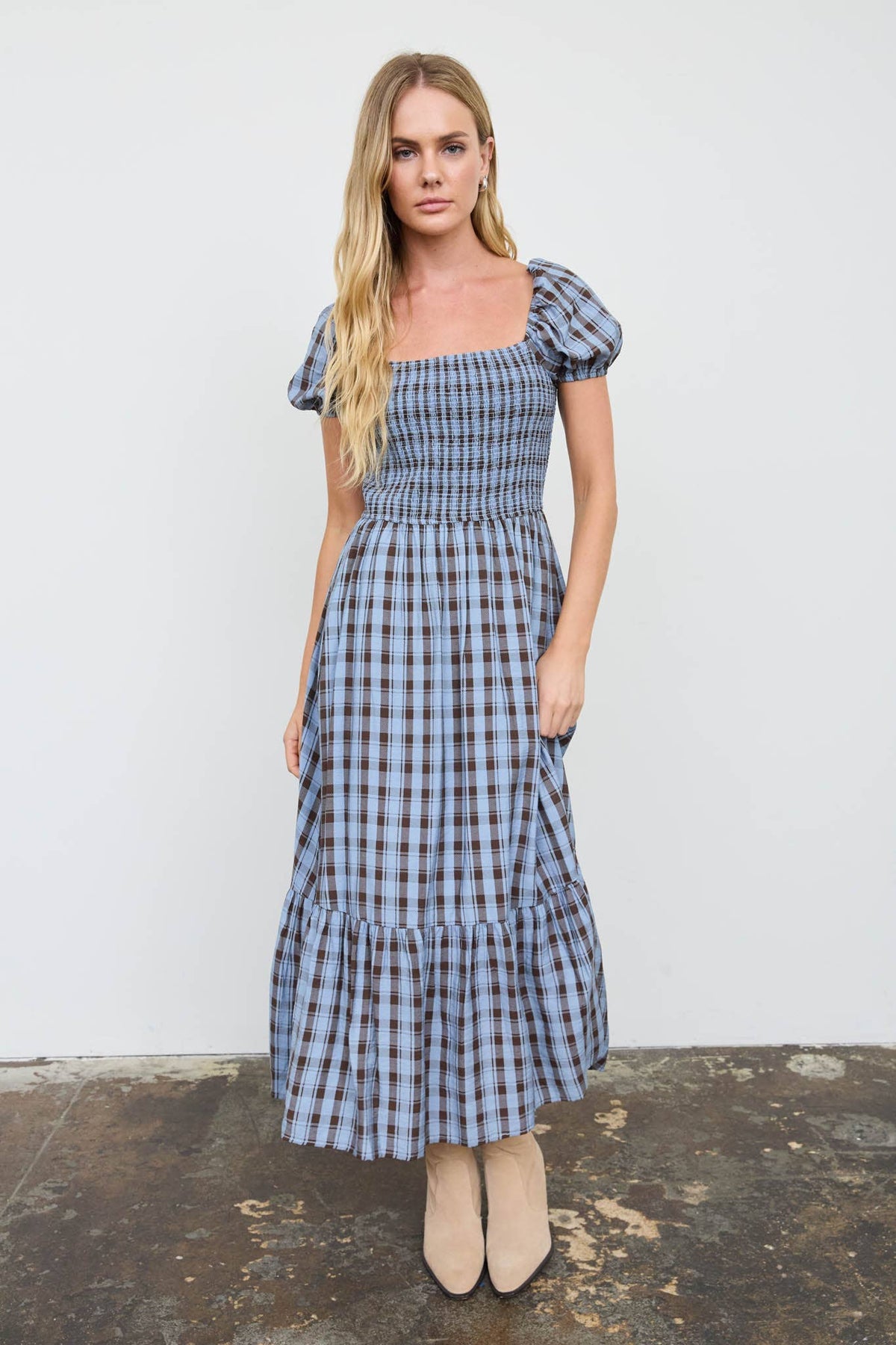 Della Plaid Blue Midi Dress