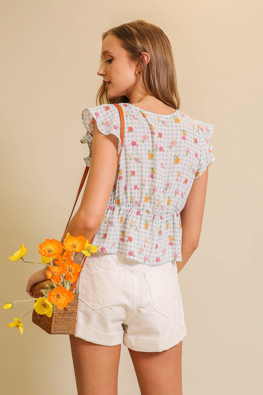 Rosalie Flower Gingham Peplum Blouse