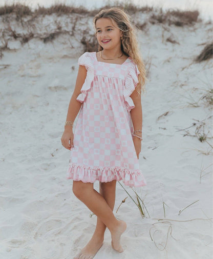 Girls Harlow Pink Checkered Ruffle Dress