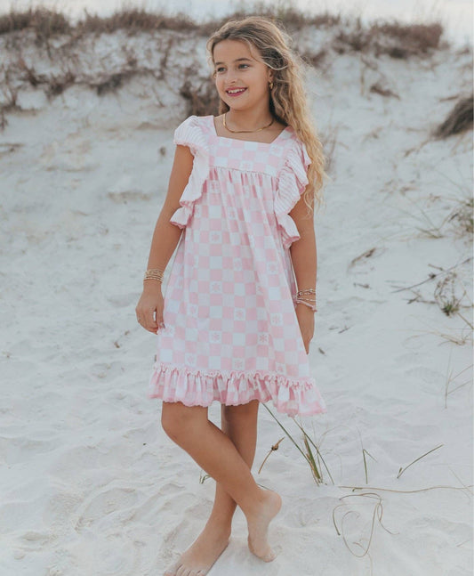 Girls Harlow Pink Checkered Ruffle Dress