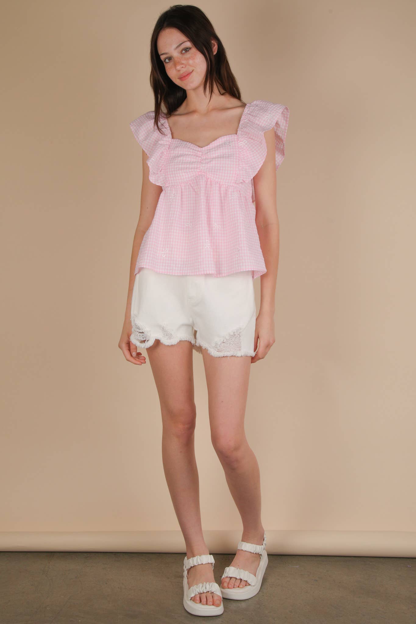 Emmy Gingham Bow Embroidered Blouse