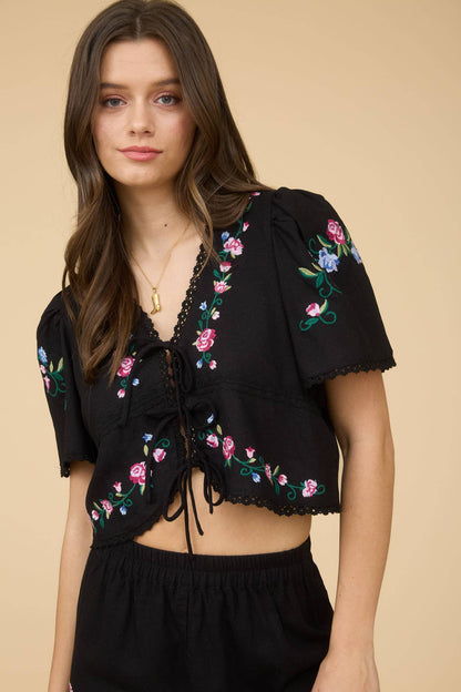 Tatum Embroidered Floral Black Short Set