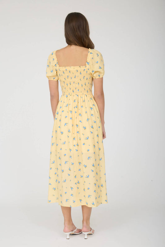 Tali Smocked Floral Yellow Midi Dress