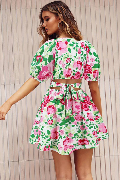 Callah Green Floral Keyhole Dress