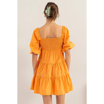 Aristella Smocked Bubble Sleeve Orange Dress