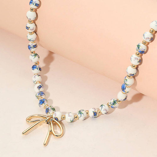 Meadow Blue Ceramic Beaded Bow Necklace