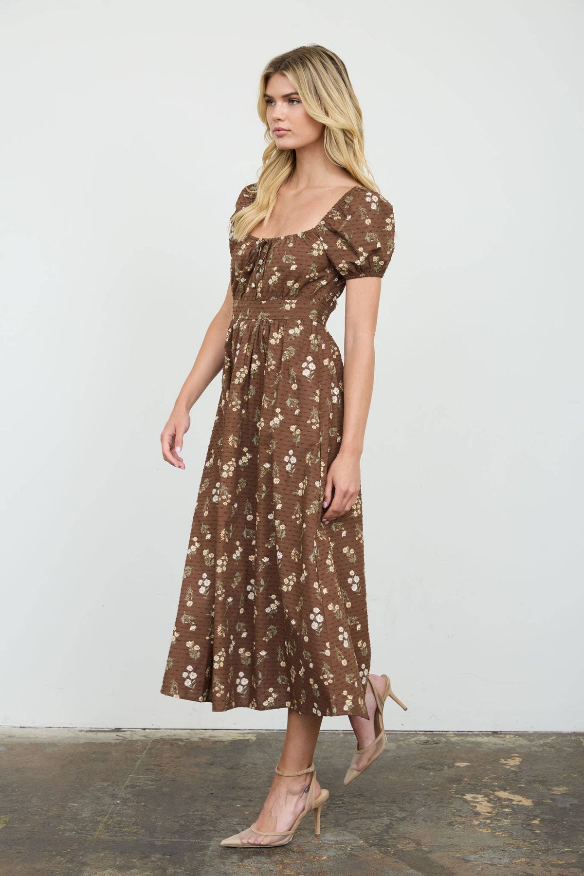 Margot Vintage Floral Swiss Dot Brown Midi Dress