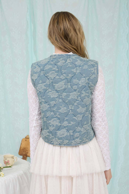 Rose Pattern Tie Denim Vest