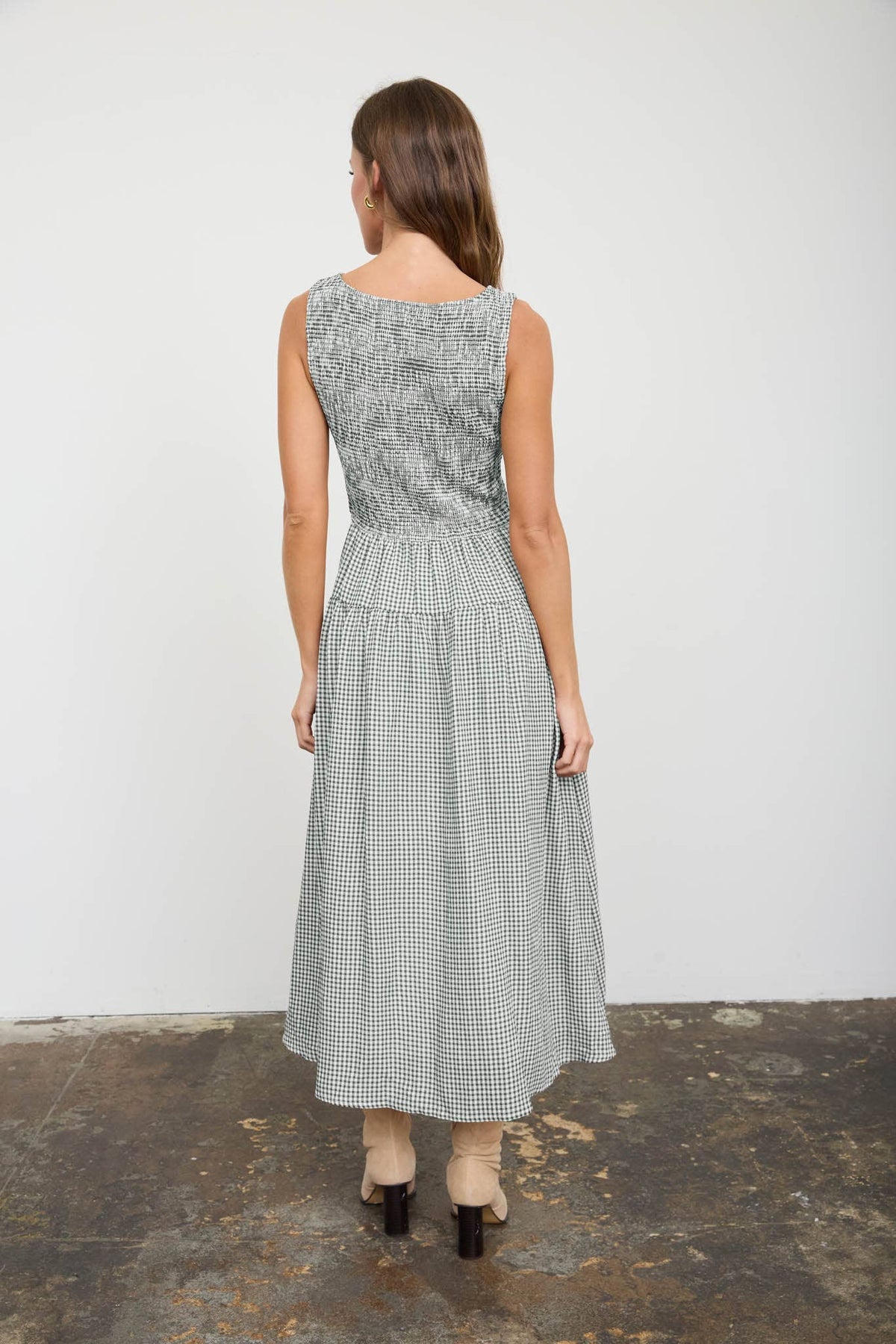 Amelia Gingham Smocked Green Midi Dress