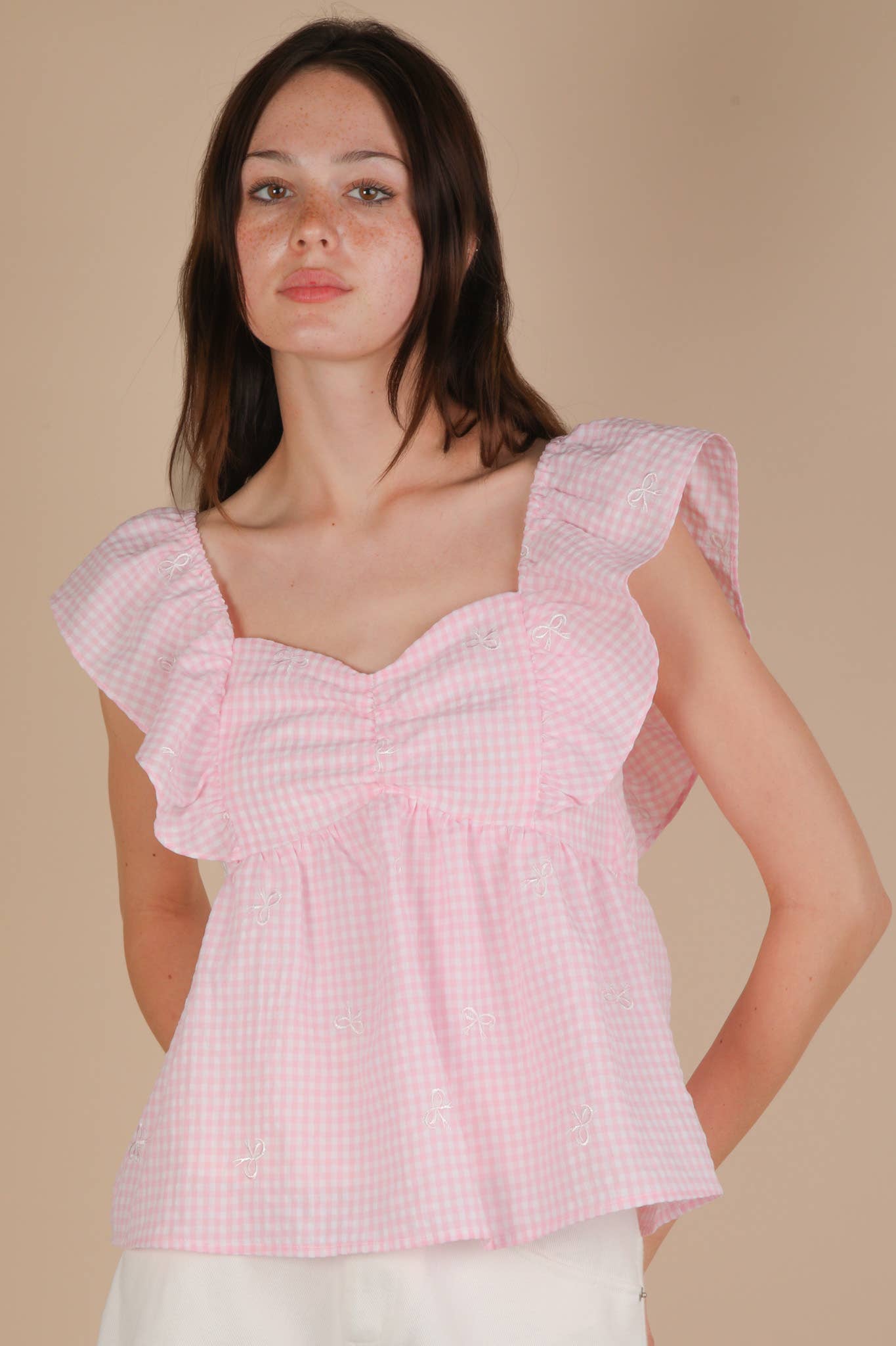 Emmy Gingham Bow Embroidered Blouse