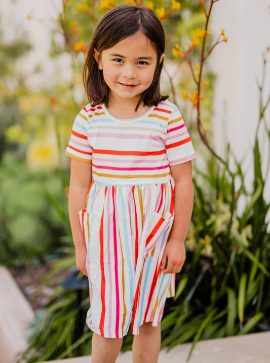 Girls Striped Pocket Multi Colored Dress