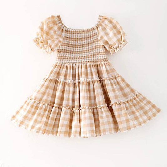 Girls Gingham Chiffon Tan Dress