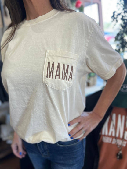 Embroidered Mama Ivory Pocket Tee