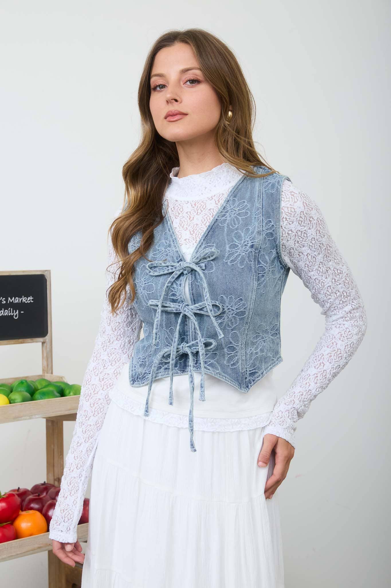 Matilda Fitted Floral Denim Bow Vest