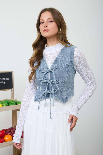 Matilda Fitted Floral Denim Bow Vest