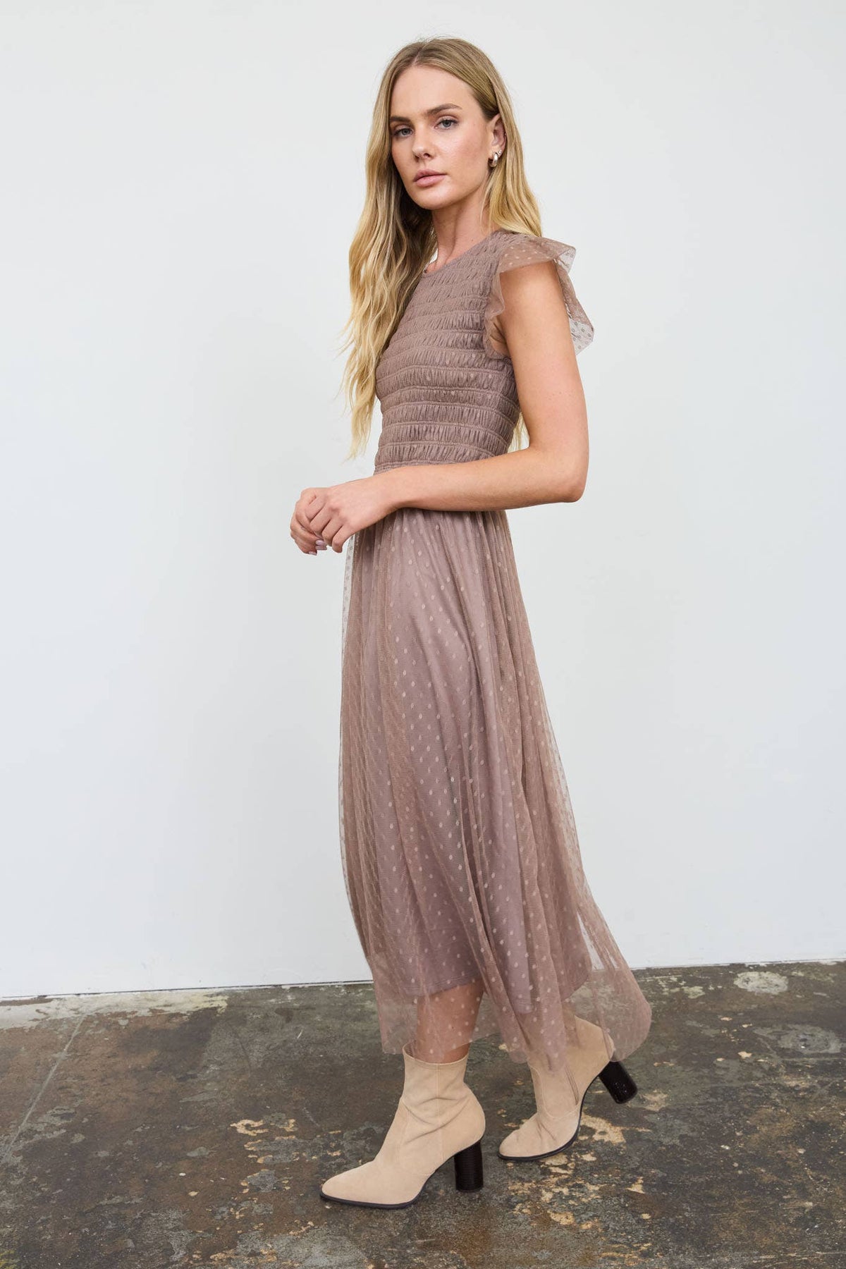 Amarena Swiss Dot Taupe Midi Dress