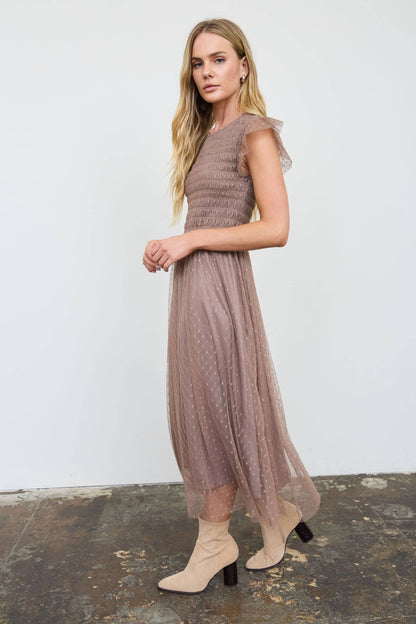 Amarena Swiss Dot Taupe Midi Dress