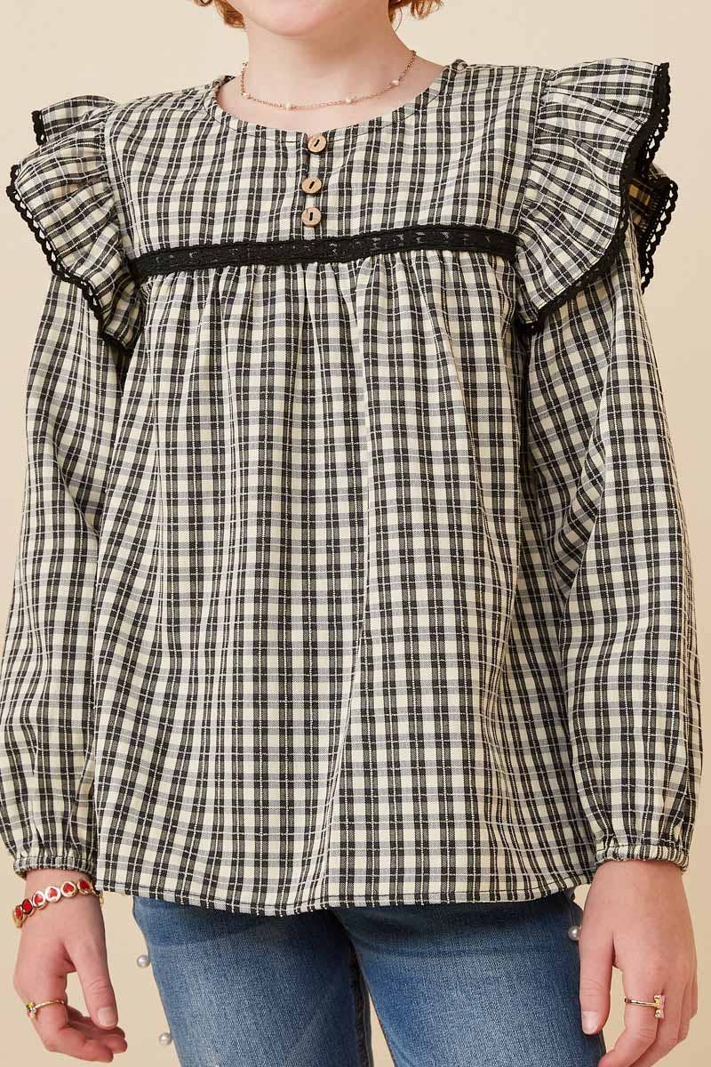 Girls Plaid Lace Longsleeve Blouse
