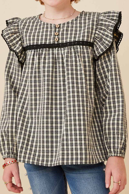 Girls Plaid Lace Longsleeve Blouse