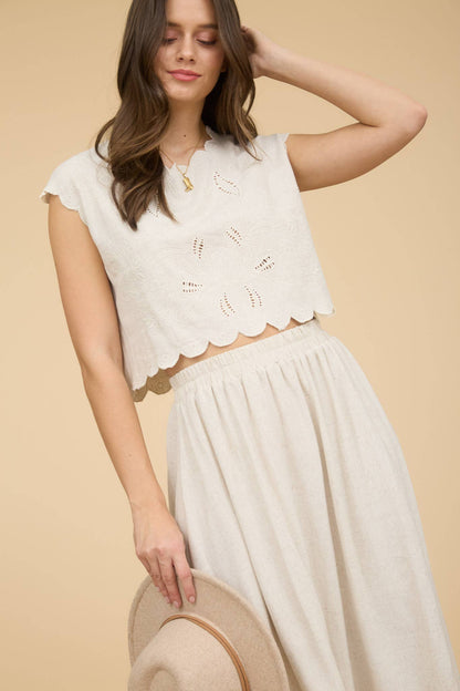 Primrose Eyelet Embroidery Scallop Linen Skirt Set