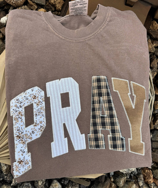 Pray Embroidered Patchwork Brown Tee