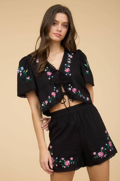 Tatum Embroidered Floral Black Short Set