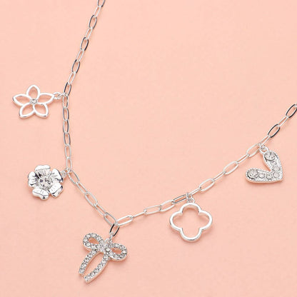 Lennox Rhinestone Bow Charm Silver Necklace